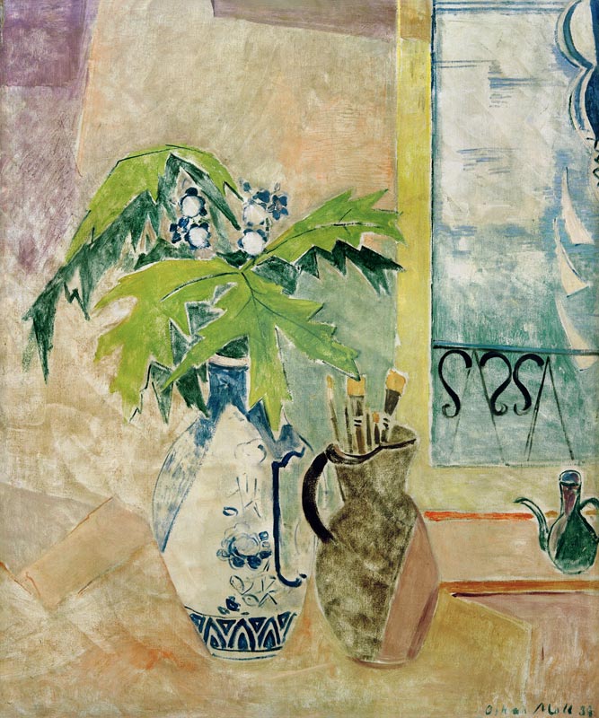 Vase mit Zweigen und Krug mit Pinseln à Oskar Moll