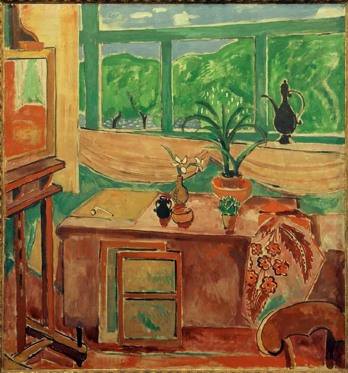 Studio still-life with iris and many– paned window à Oskar Moll