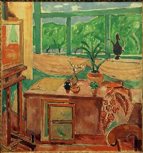 Studio still-life with iris and many– paned window