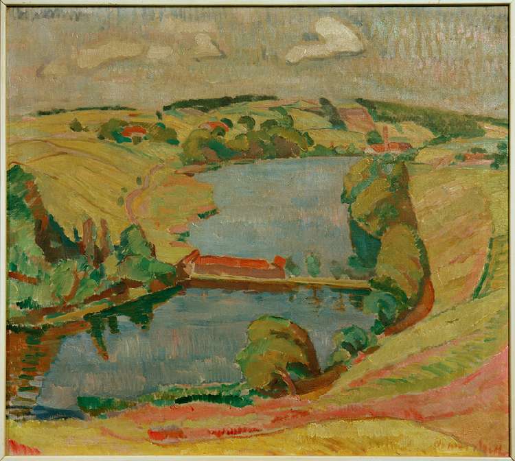Landscape at Ebersberg with lake à Oskar Moll