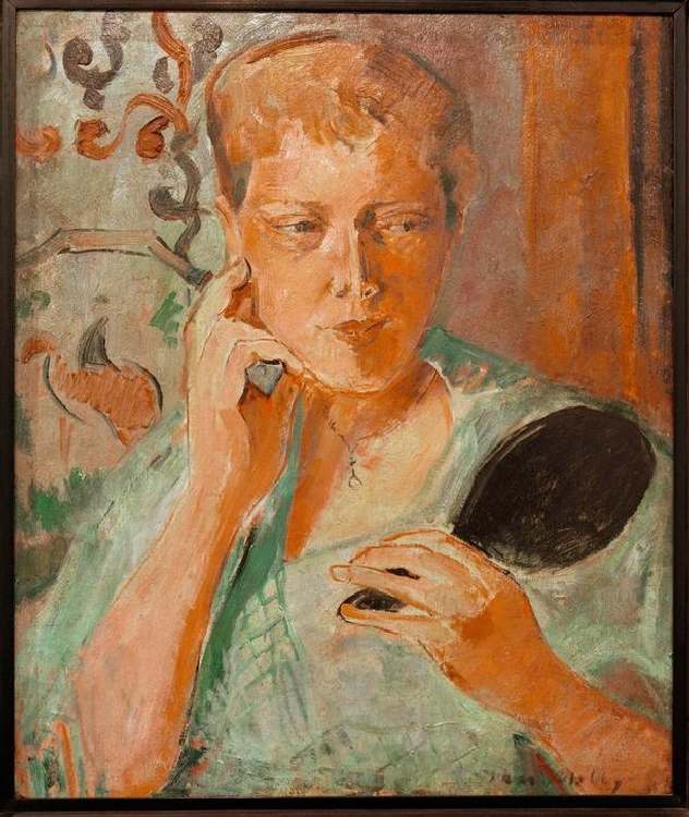 Portrait Margarethe with black hand mirror à Oskar Moll