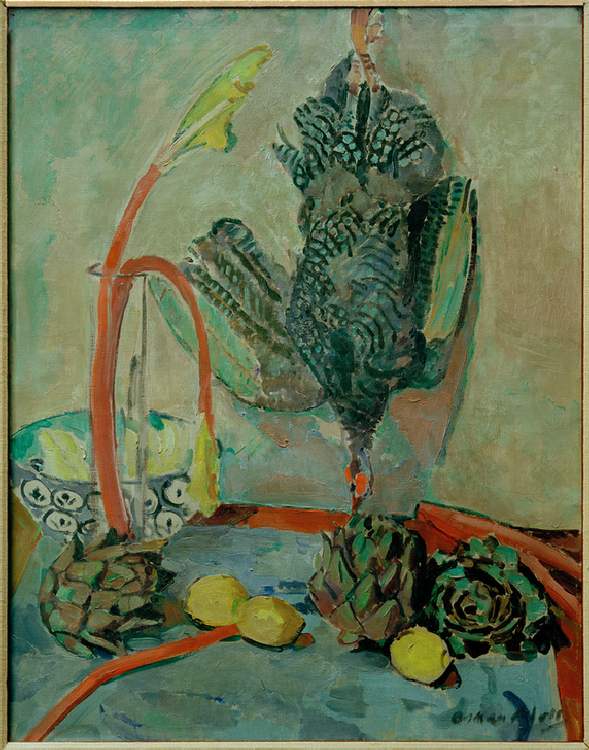 Still life with guinea fowl and artichokes à Oskar Moll