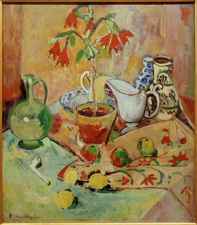 Still life with potted plant and pitchers, fruits and whistle à Oskar Moll