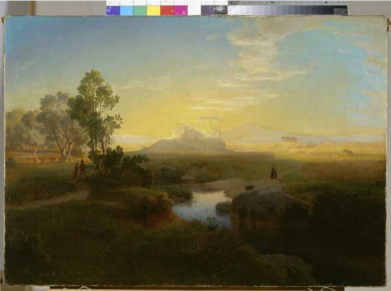 Abendliche Landschaft mit einem im Gegenlicht liegenden Felsmassiv à Oswald Achenbach