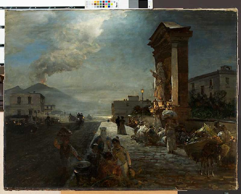 Die Via di Marinella in Neapel mit Blick auf den Vesuv bei heraufziehendem Gewitter à Oswald Achenbach