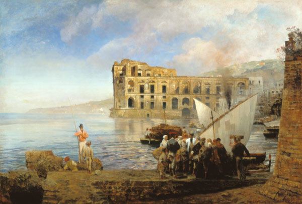 Baie près de Naples avec le palais de la reine Johanna. à Oswald Achenbach