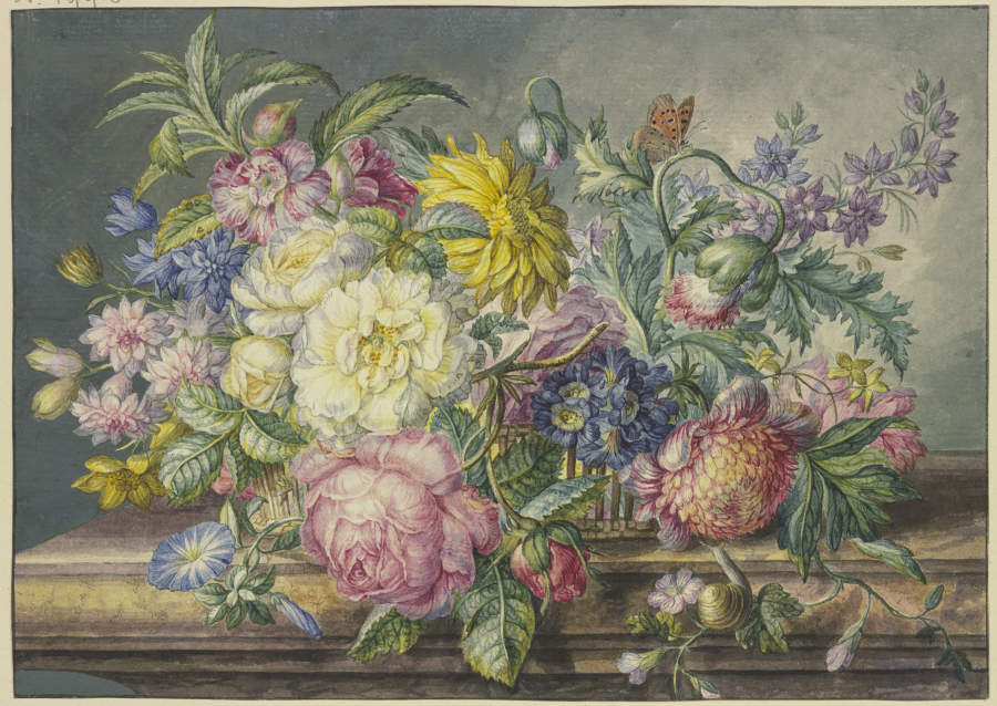 Blumenstrauß in einem Korb, dabei eine Schnecke und ein Schmetterling à Oswald Wijnen