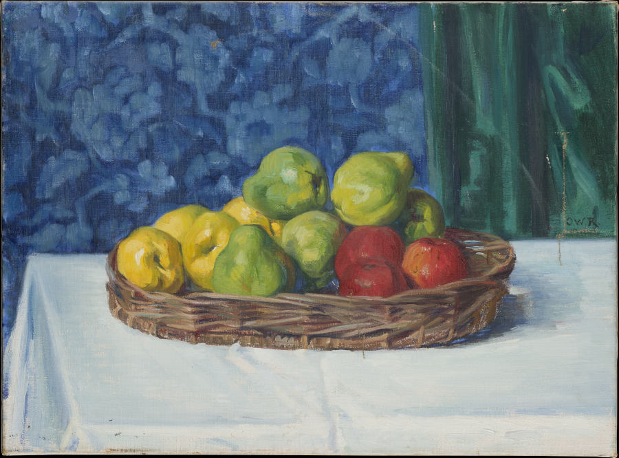 Still Life: Basket with Fruit on a Table in front of a Curtain and Wallpaper à Ottilie Roederstein
