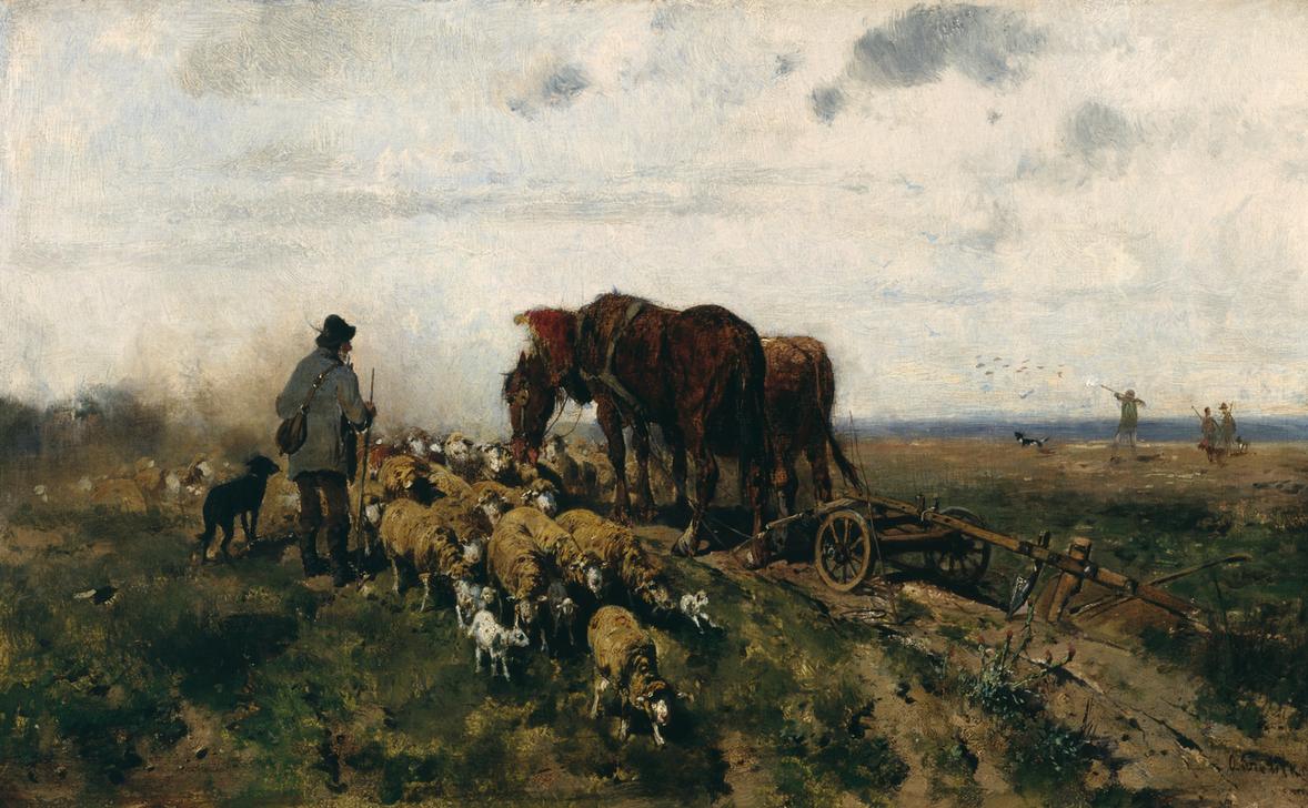 Schäfer mit seiner Herde neben einem von zwei Ackergäulen gezogenen Pflug à Otto Gebler