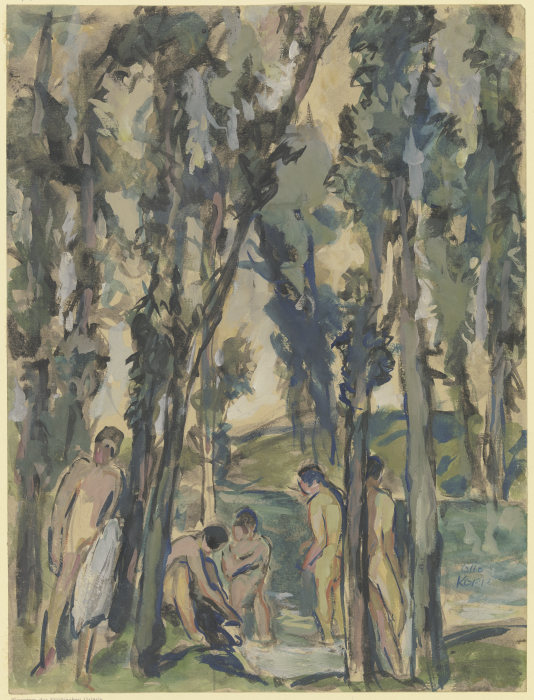 Forest stream with bathing people à Otto Kopp