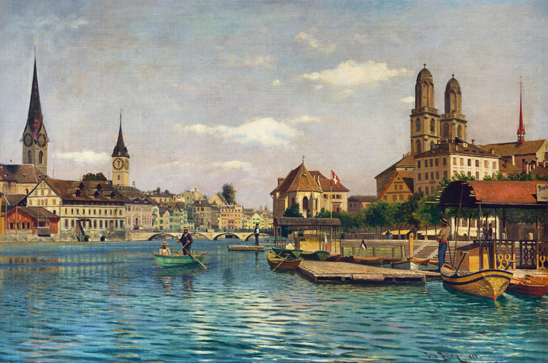 Zürich mit dem Limmat mit Blick auf die Fraumünsterkirche, St.Peter, das Helmhaus und Großmünster à Otto Pilny