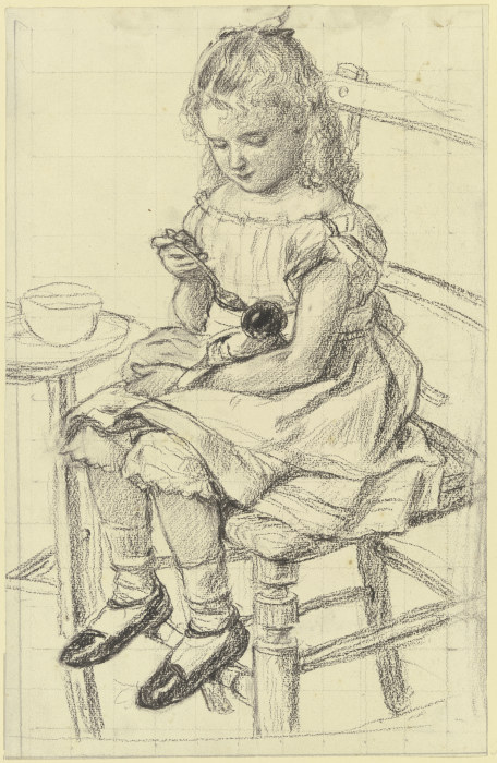 Ein Mädchen beim Füttern ihrer Puppe à Otto Scholderer