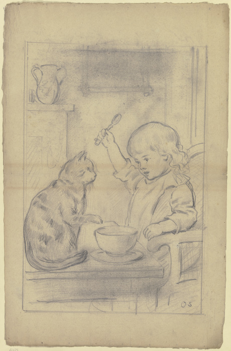 Kind am Esstisch mit Katze à Otto Scholderer