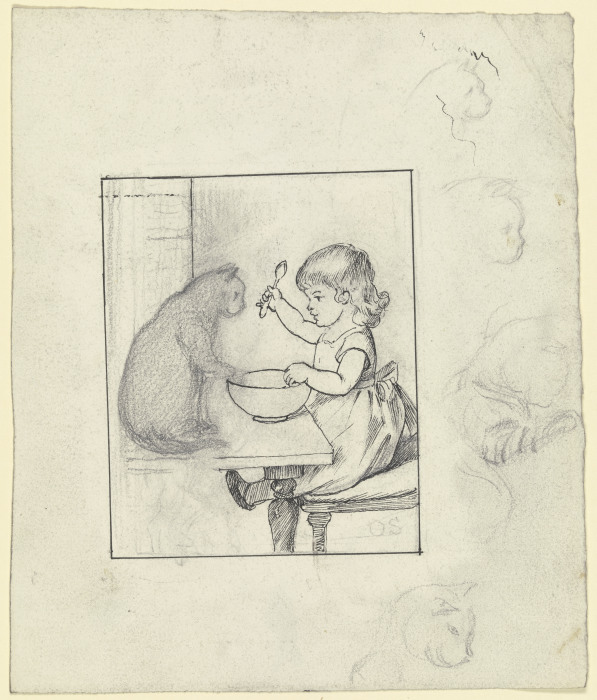 Kind am Esstisch mit Katze, rechts vier Skizzen eines Katzenkopfes im Profil à Otto Scholderer