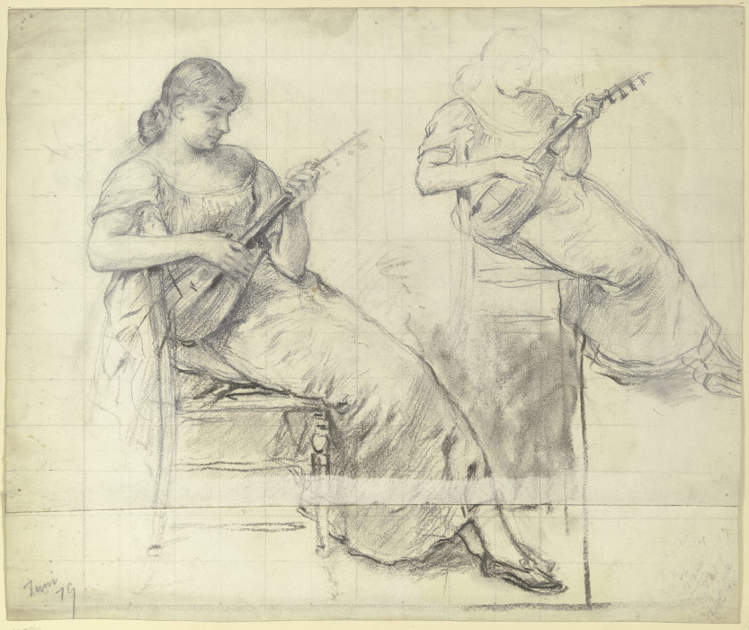 Sitzende junge Frau, Mandoline spielend à Otto Scholderer