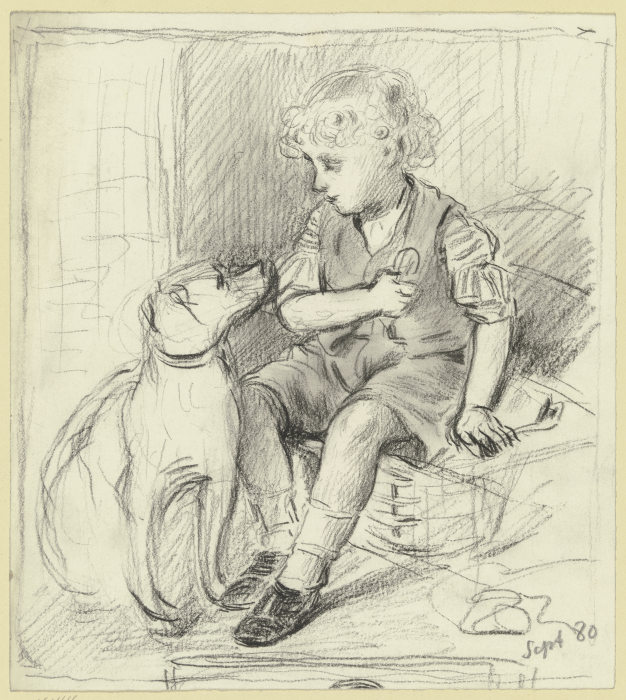 Sitzender Knabe mit sitzendem Hund à Otto Scholderer