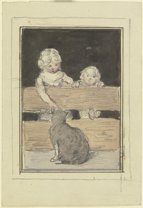 Zwei Kinder am Zaun mit einer Katze à Otto Scholderer