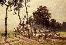 Berger de mouton avec le troupeau causant avec un paysan à cheval à Otto Strützel