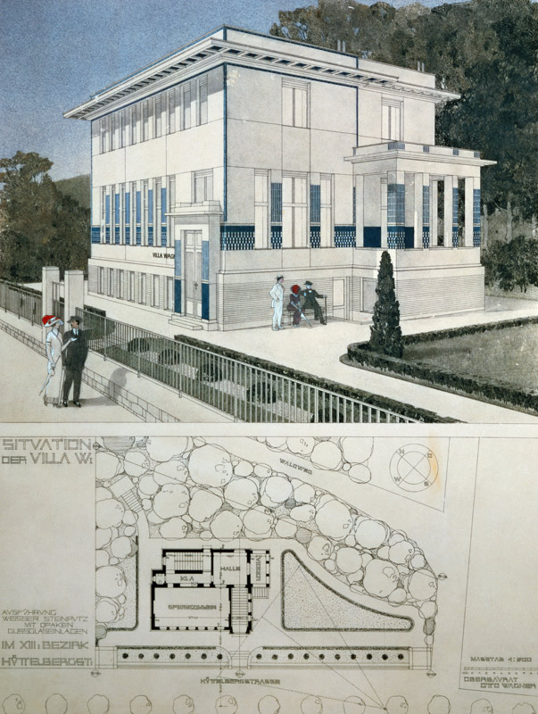 Villa Wagner, Vienna, design showing the exterior of the house, built of steel and concrete in sever à Otto Wagner