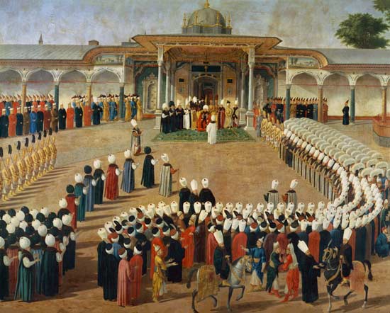 Reception at the Court of Sultan Selim III (1761-1807) at the Topkapi Palace à École ottomane