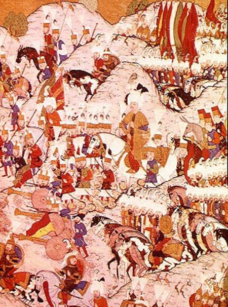 TSM H.1524 'Hunername' manuscript: Suleyman the Magnificent (1494-1566) at the Battle of Mohacs in 1 à École ottomane