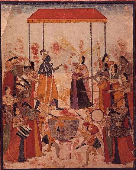 Krishna and his ladies celebrate the Festival of Holi, Guler, Punjab, Pahari School à École Pahari