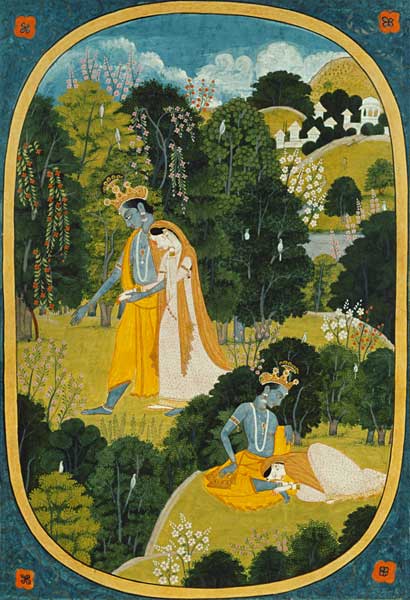 Radha and Krishna walking in a grove, Kangra, Himachal Pradesh, Pahari School, 1820-25 à École Pahari