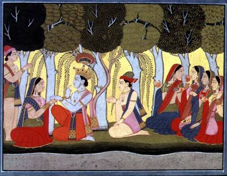 Radha and Krishna seated in a grove, Kulu, Himachal Pradesh, Pahari School, 1790-1800 à École Pahari