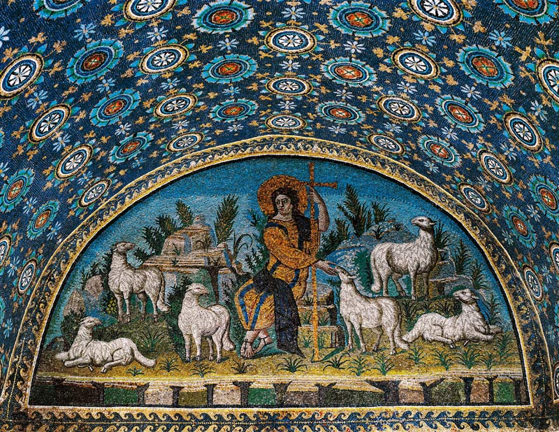Der gute Hirte, Mosaik der Lünette über der Eingangstür des Mausolee der Galla Placidia, um 425 (Mos à Paléochrétien