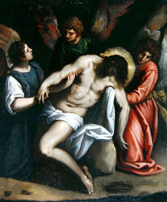 The Dead Christ, Held by Three Angels (oil on canvas) à Palma Il Giovane