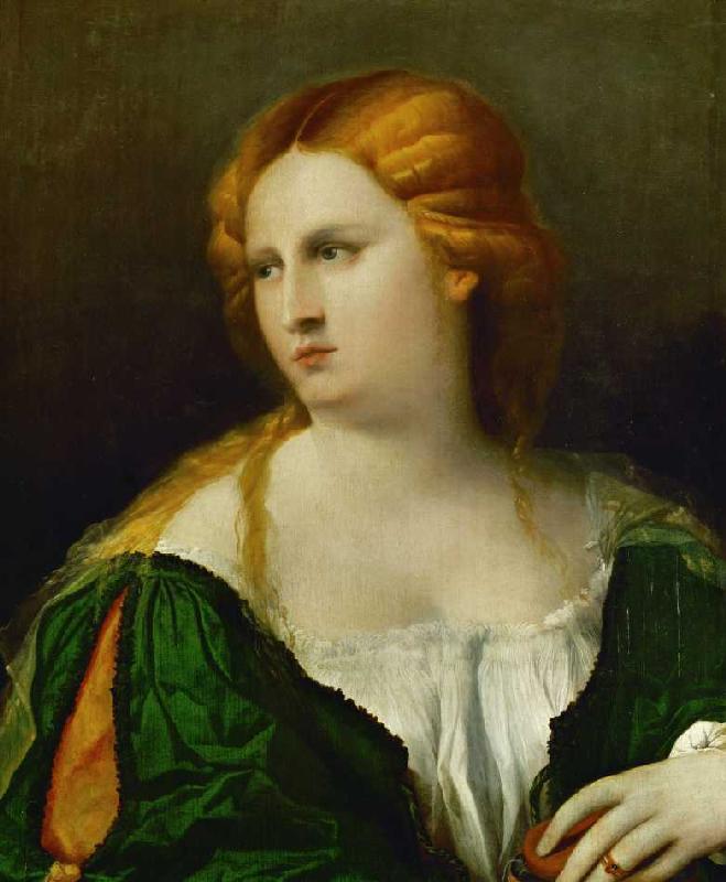 Jeune femme en habit vert avec une boîte dans les mains à Palma le VIeux (alias Jacopo Negretti)