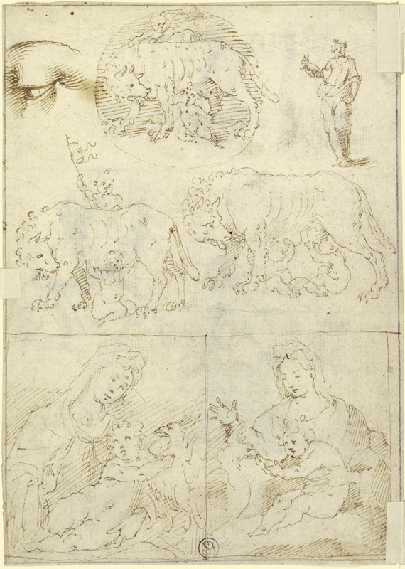 Studienblatt: Wölfin mit Romulus und Remus sowie Madonna à Parmigianino (dit le Parmesan)