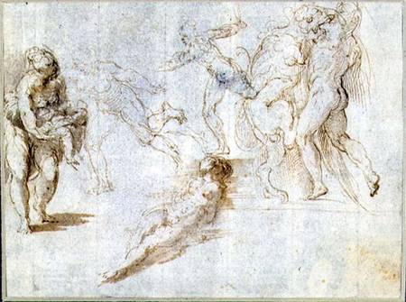 Figure Studies: Woman Holding a Baby; Man Pursued by Another; Nude Woman Lying on Ground; Hercules a à Parmigianino (dit le Parmesan)