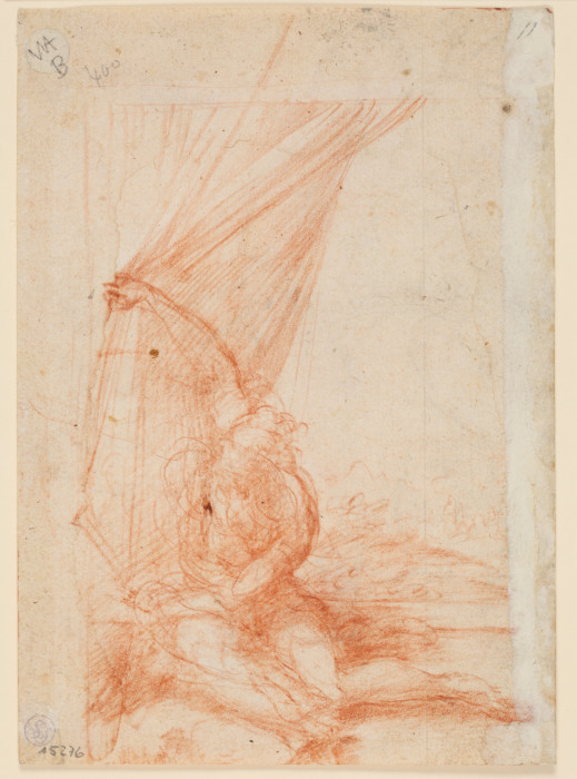 Sitzende Gestalt, die einen Vorhang beiseite schiebt à Parmigianino (dit le Parmesan)