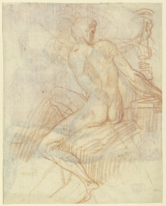 Sitzender männlicher Akt nach links, zurückgewandt einen hinter ihm stehenden Kandelaber haltend à Parmigianino (dit le Parmesan)