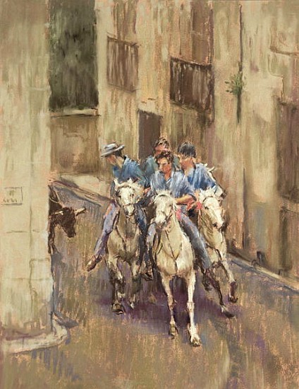 The Bull Run in Soubes (pastel on paper)  à  Pat  Maclaurin