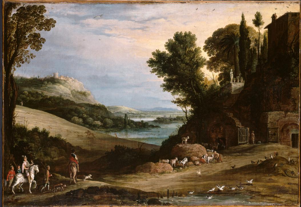An Italianate Landscape with a Hawking Party Approaching a Villa à Paul Bril