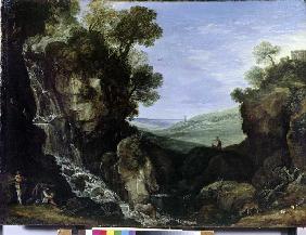 Landschaft mit Wasserfall und dem Vestatempel von Tivoli