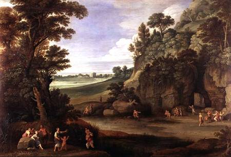 Arcadian landscape with satyrs and nymphs (panel) à Paul Brill ou Bril