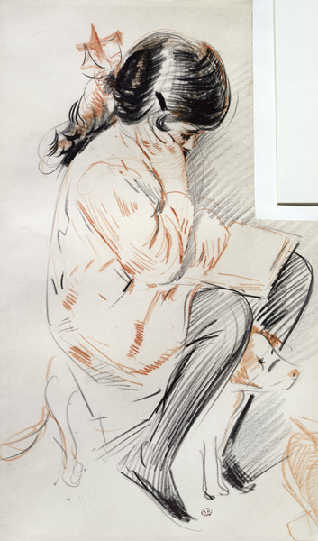 Paulette Reading Sitting on her Toy Dog (coloured pencil on paper) à Paul Cesar Helleu