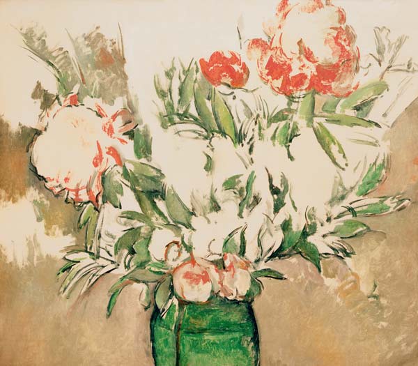 Peonies in a green jug à Paul Cézanne