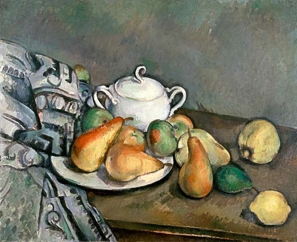 Sugar bowl,apples a.cloth à Paul Cézanne
