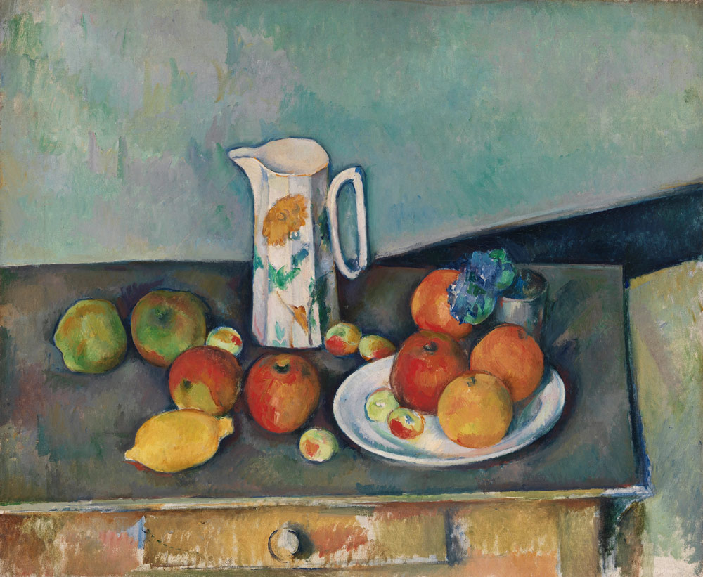 Still life with milkjug and fruit à Paul Cézanne