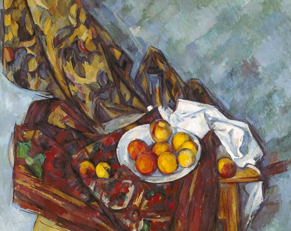 nature morte avec le rideau fleuri et l'assiette de fruits à Paul Cézanne