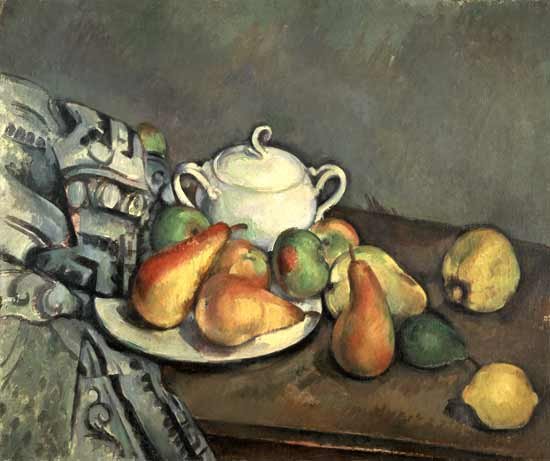 Nature morte avec sucrier, poires et nappe à Paul Cézanne
