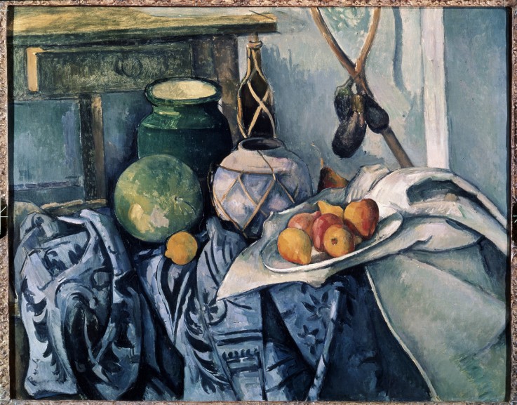 Still Life with a flagon and aubergines à Paul Cézanne