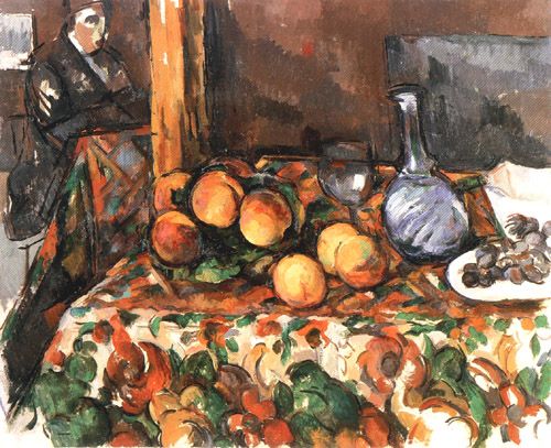 nature morte avec des pêches, carafe et silhouette à Paul Cézanne