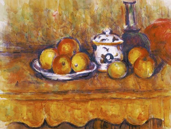 nature morte avec la bouteille et la boîte de sucre aquarell bleues