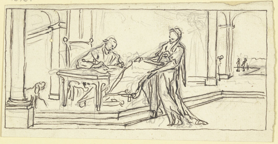 Justinus, an einem Tisch sitzend, exzerpiert sein Werk aus den Schriften des Trogus Pompejus à Paul Egell
