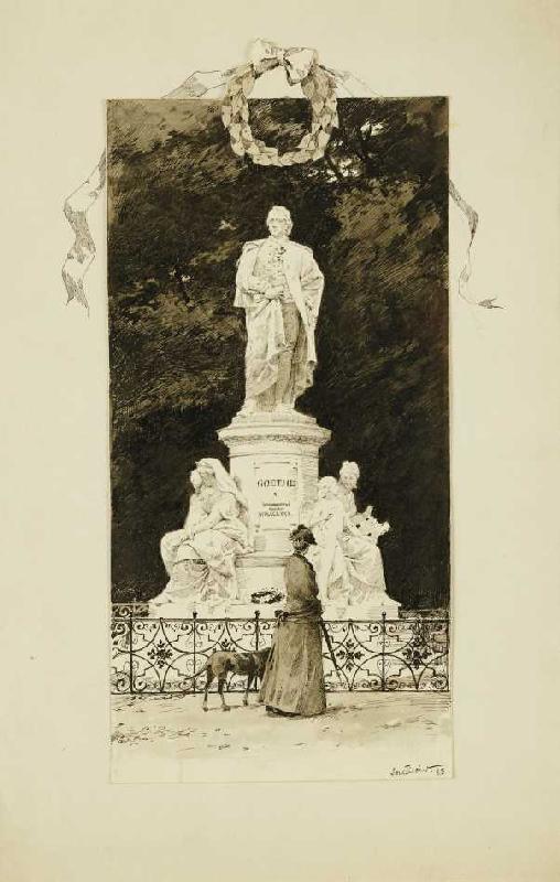 Elegante Dame vor einem Goethe-Denkmal à Paul Fischer